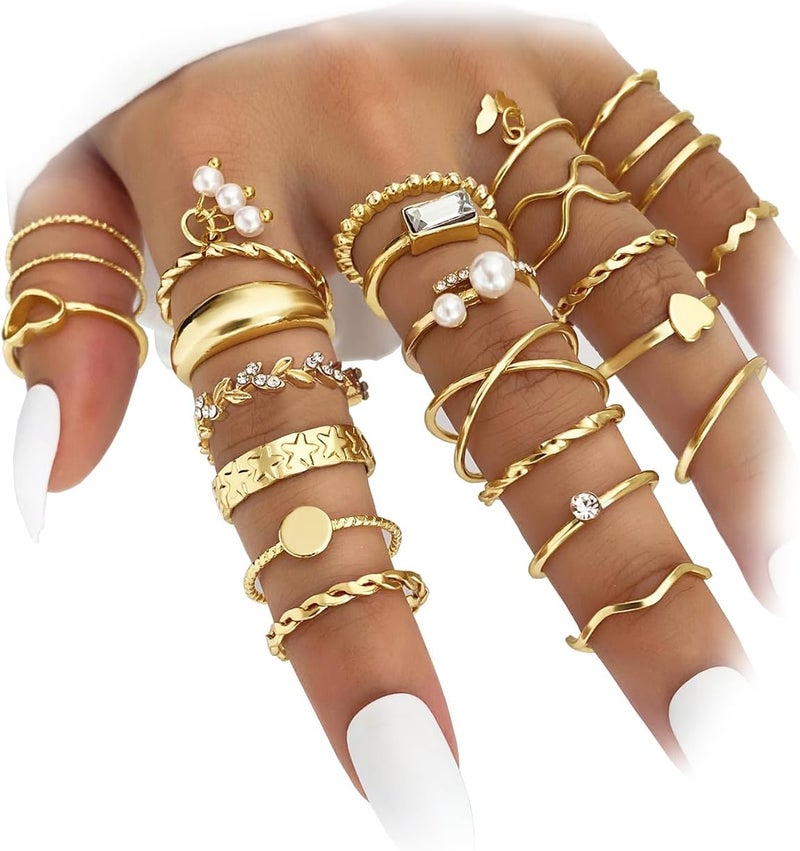 IFKM Gold Knuckle Rings Set For Women Vintage Stackable Joint Finger Midi Rings Dainty Cubic Zirconia Crystal Simple Twist Hollow Cute Rings Pack Jewelry Gift - Image 1
